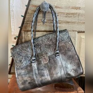 Patricia Nash Antique Silver Leather Embossed Large Top handle Purse BAG Large